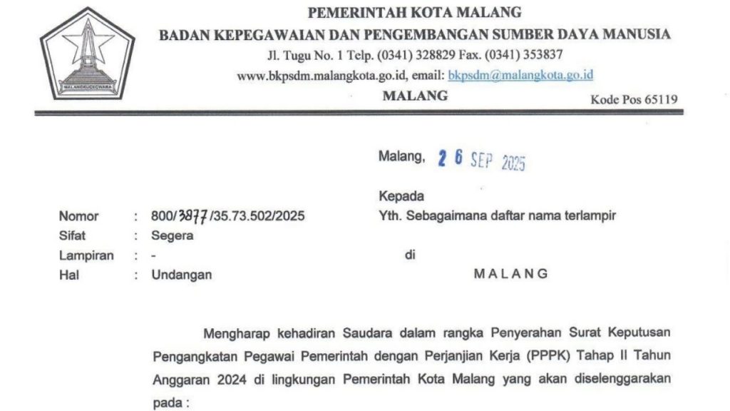 Pemkot Malang Gelar Penyerahan SK PPPK Tahap II Tahun Anggaran 2024