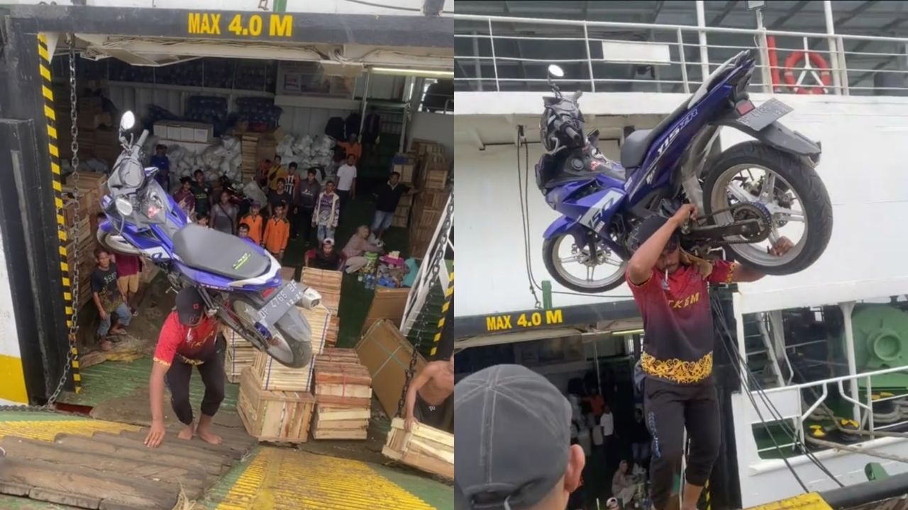 Bapak ini Angkat Sepeda Motor MX King Seberat 120 Kg dari Perahu, Bikin Netizen Terkesima (TikTok/@e_ppank)