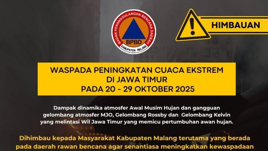 BPBD Kabupaten Malang Imbau Masyarakat Kewaspadaan Potensi Cuaca Ekstrem (Instagram/@bpbd_malangkab)