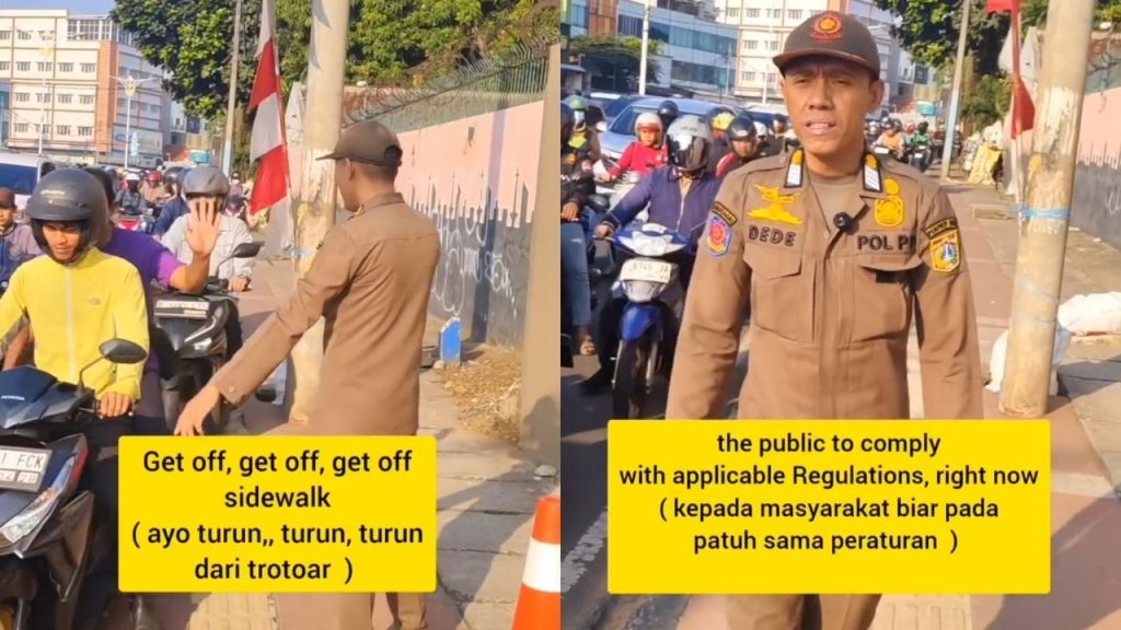 Salfok! Bapak Satpol PP Ini Tegur Pemotor yang Naik Trotoar Pakai Bahasa Inggris (Instagram/@mister._)