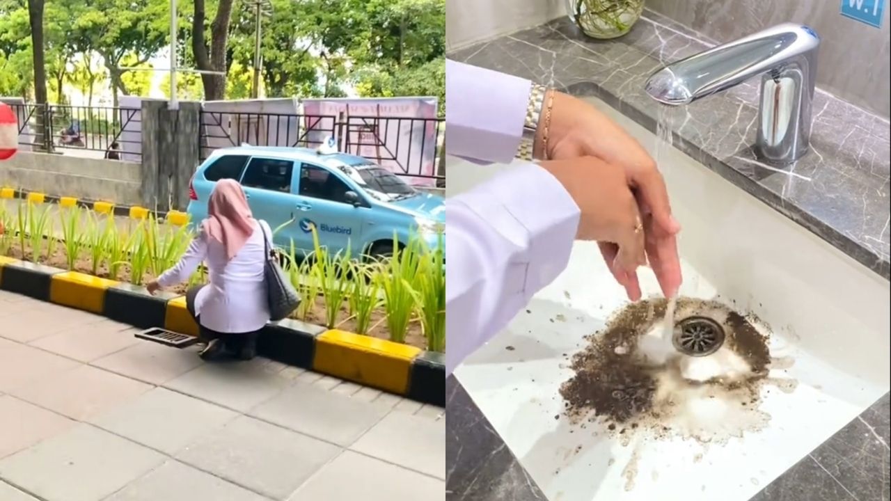 Syok Banget! Momen Cewek Ini Auto Ambil Tanah Buat Bersuci Usai Pegang Sepatu dari Kulit Babi (TikTok/@clumsyyygirl_)