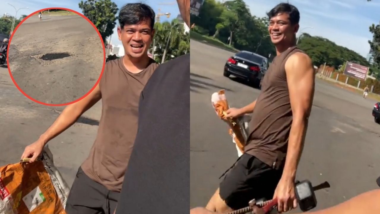 Respect! Surya Insomnia Turun Tangan Tambal Jalan Berlubang di Tangerang Selatan (TikTok/@gilangseiya)