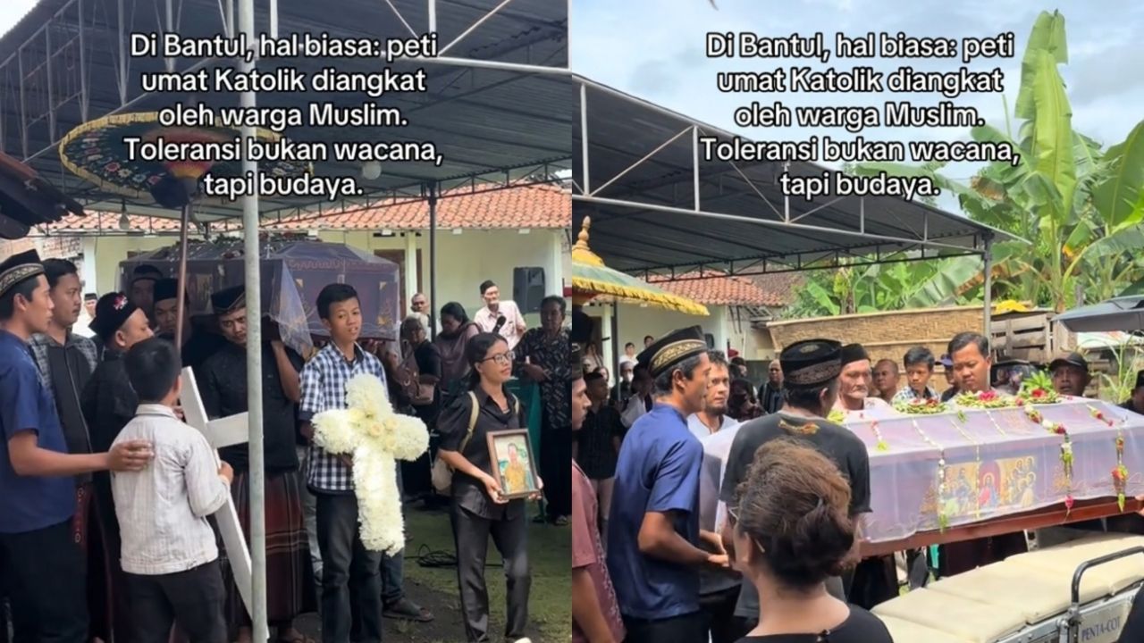 Tradisi Toleransi di Bantul, Warga Muslim Ikut Mengangkat Peti Jenazah Umat Katolik (TikTok/@nchdikka)
